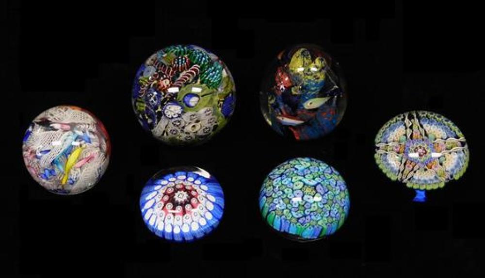 GLASS: SIX GLASS PAPERWEIGHTS, 20TH