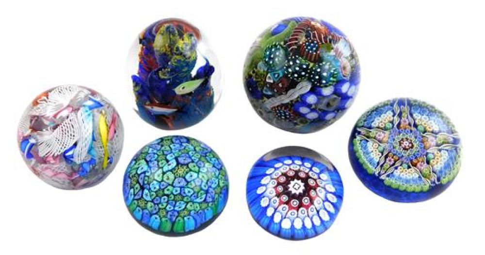 GLASS: SIX GLASS PAPERWEIGHTS, 20TH