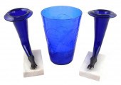 GLASS: THREE COBALT GLASS VASE