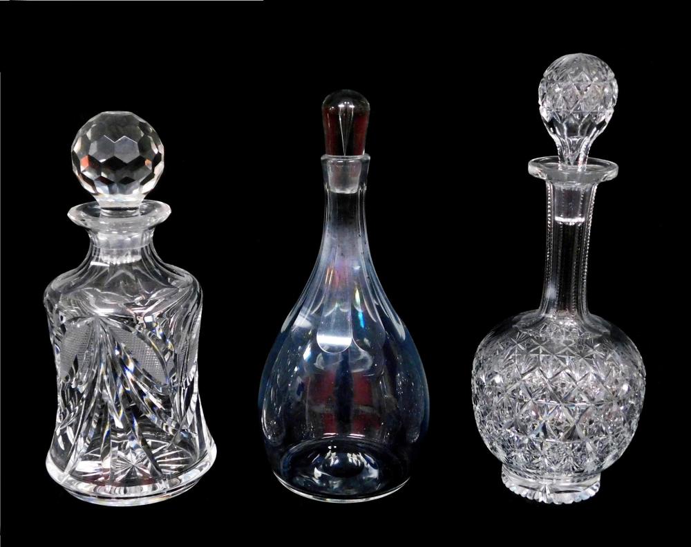 GLASS: THREE CUT CRYSTAL DECANTERS,