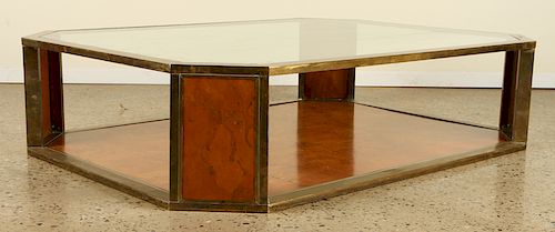 GLASS TOP BURL WOOD AND BRASS