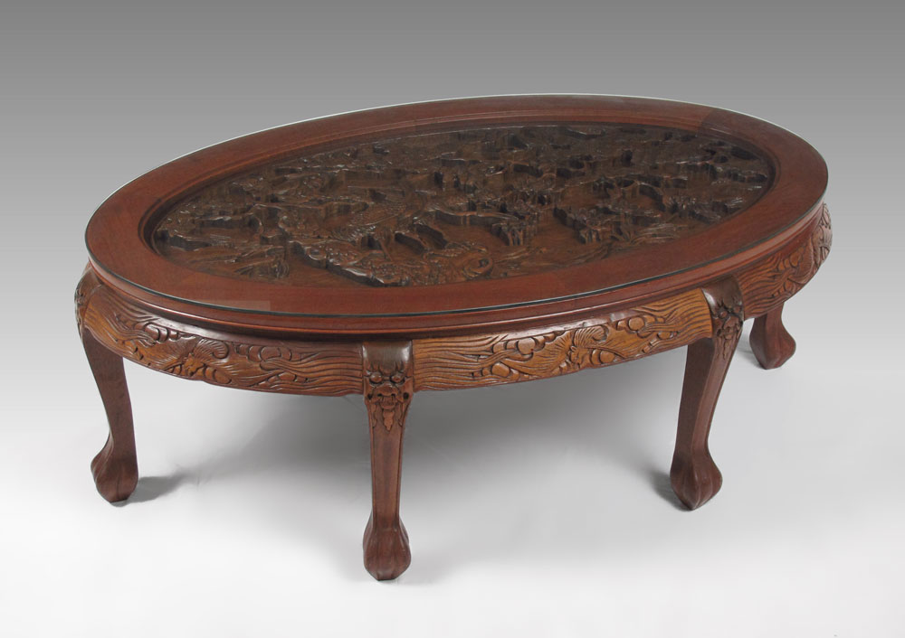 GLASS TOP CARVED ORIENTAL COFFEE