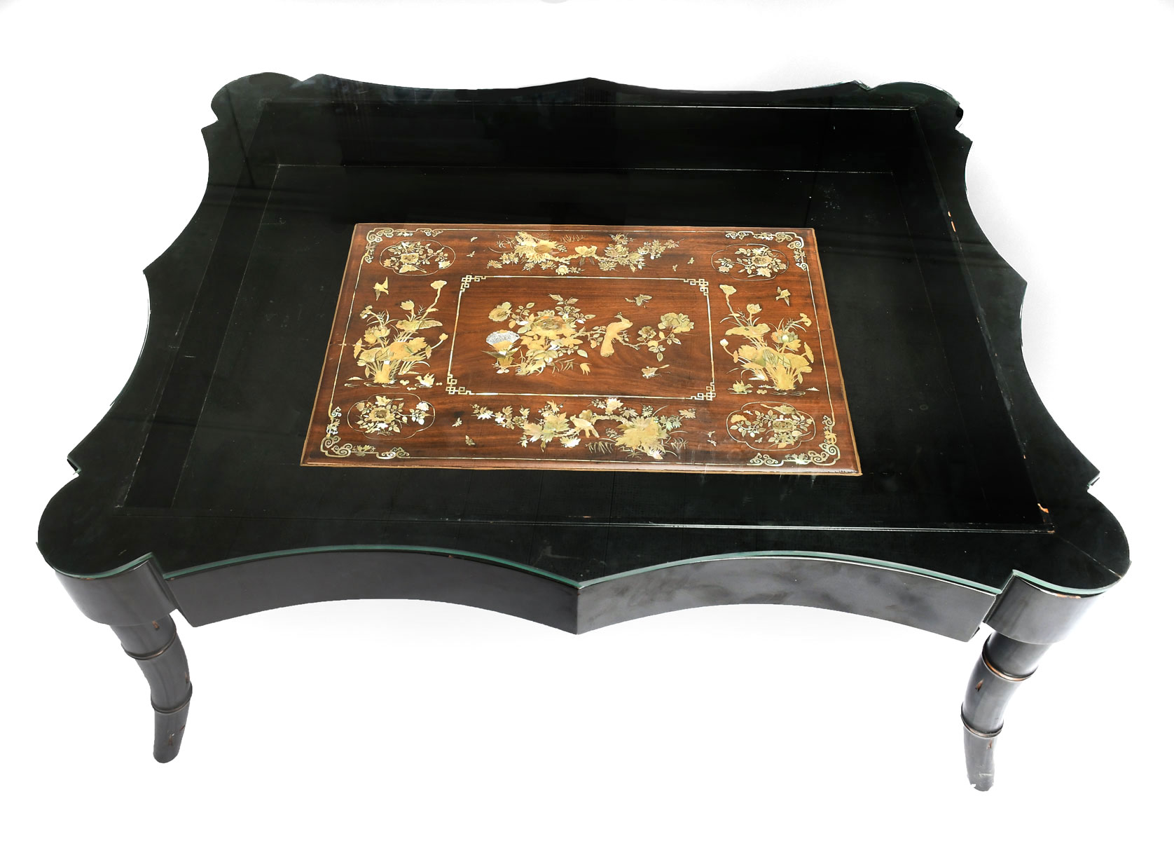 GLASS TOP INLAID CURIO TABLE: