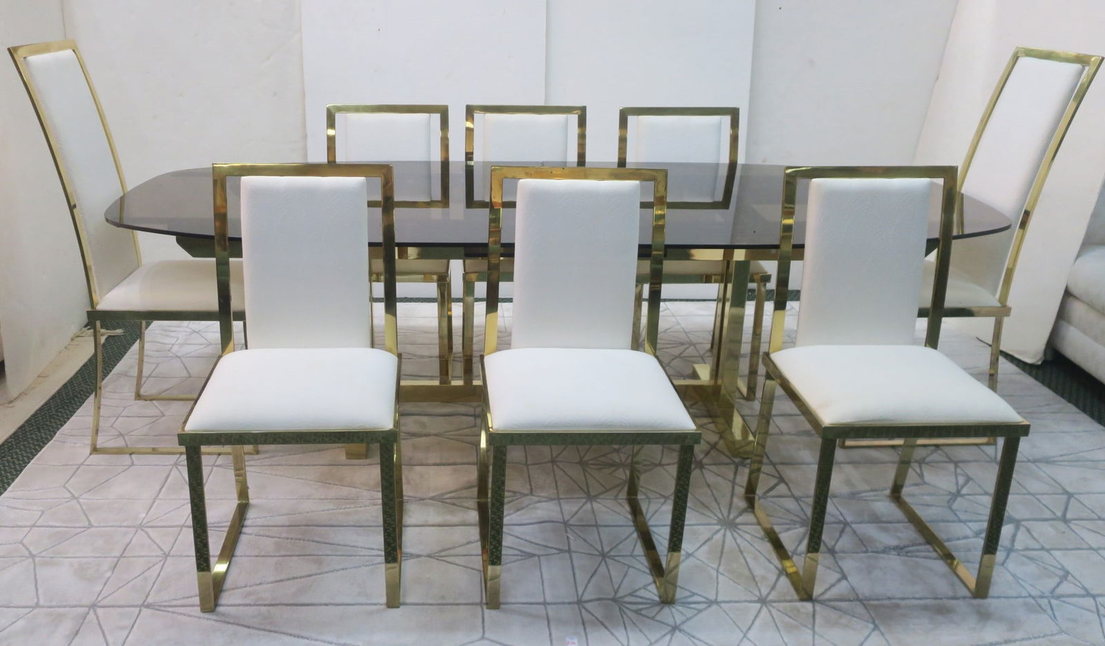 GLASS TOP METAL BASE DINING TABLE &