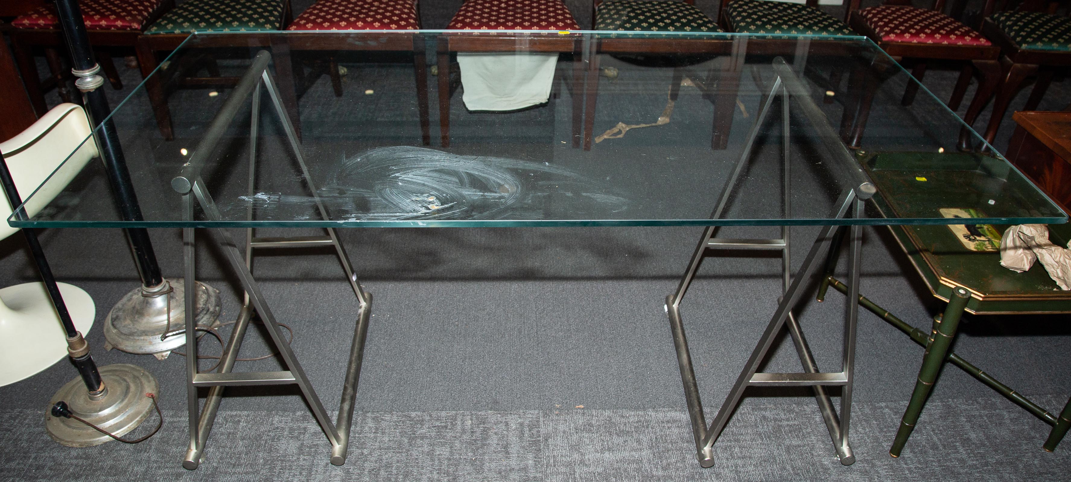 GLASS TOP TABLE WITH METAL SAWHORSE