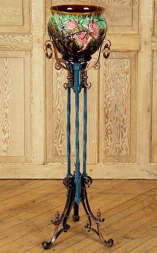 GLAZED JARDINERE PAINTED IRON STAND