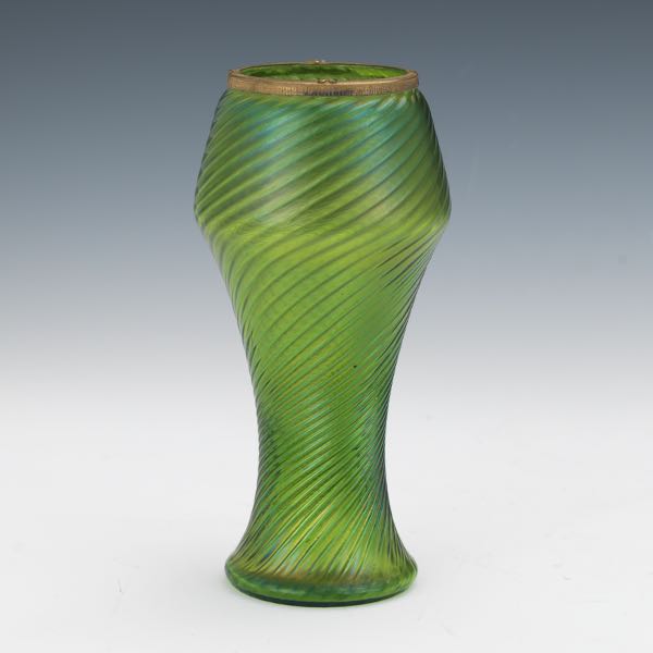 GOETZ ART GLASS VASE WITH BRASS RIM