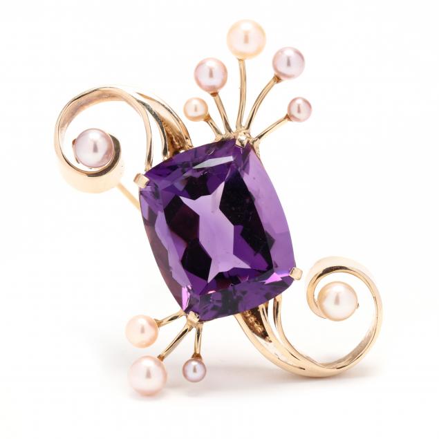 GOLD, AMETHYST, AND PEARL BROOCH