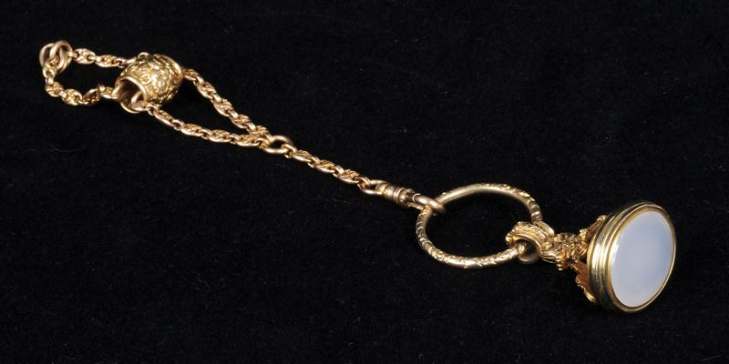 GOLD AND CHALCEDONY WATCH FOB