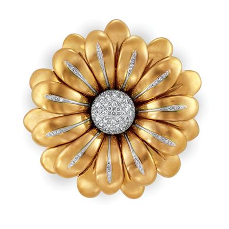 Gold and Diamond Flower Clip-Brooch