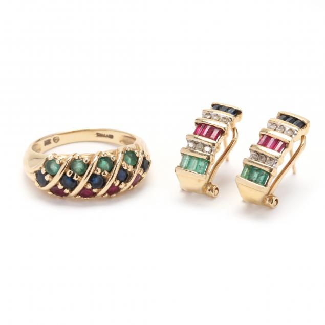 GOLD AND GEM-SET RING AND EARRINGS