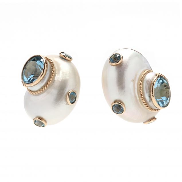 GOLD AND GEM-SET SHELL EARRINGS,