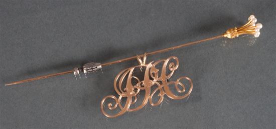 Gold and pearl hat pin; together