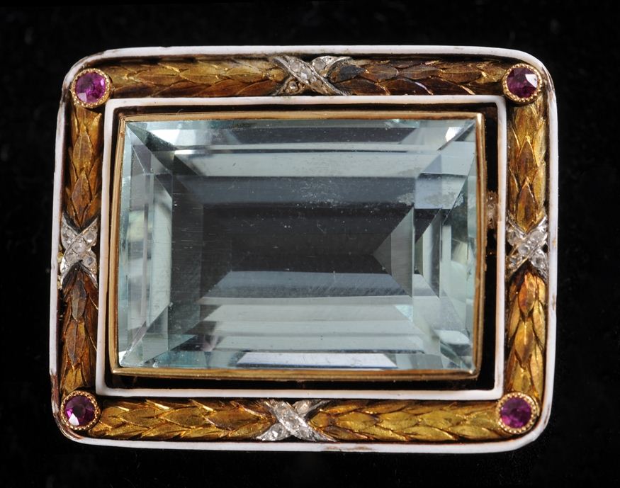 GOLD AQUAMARINE ENAMEL RUBY AND