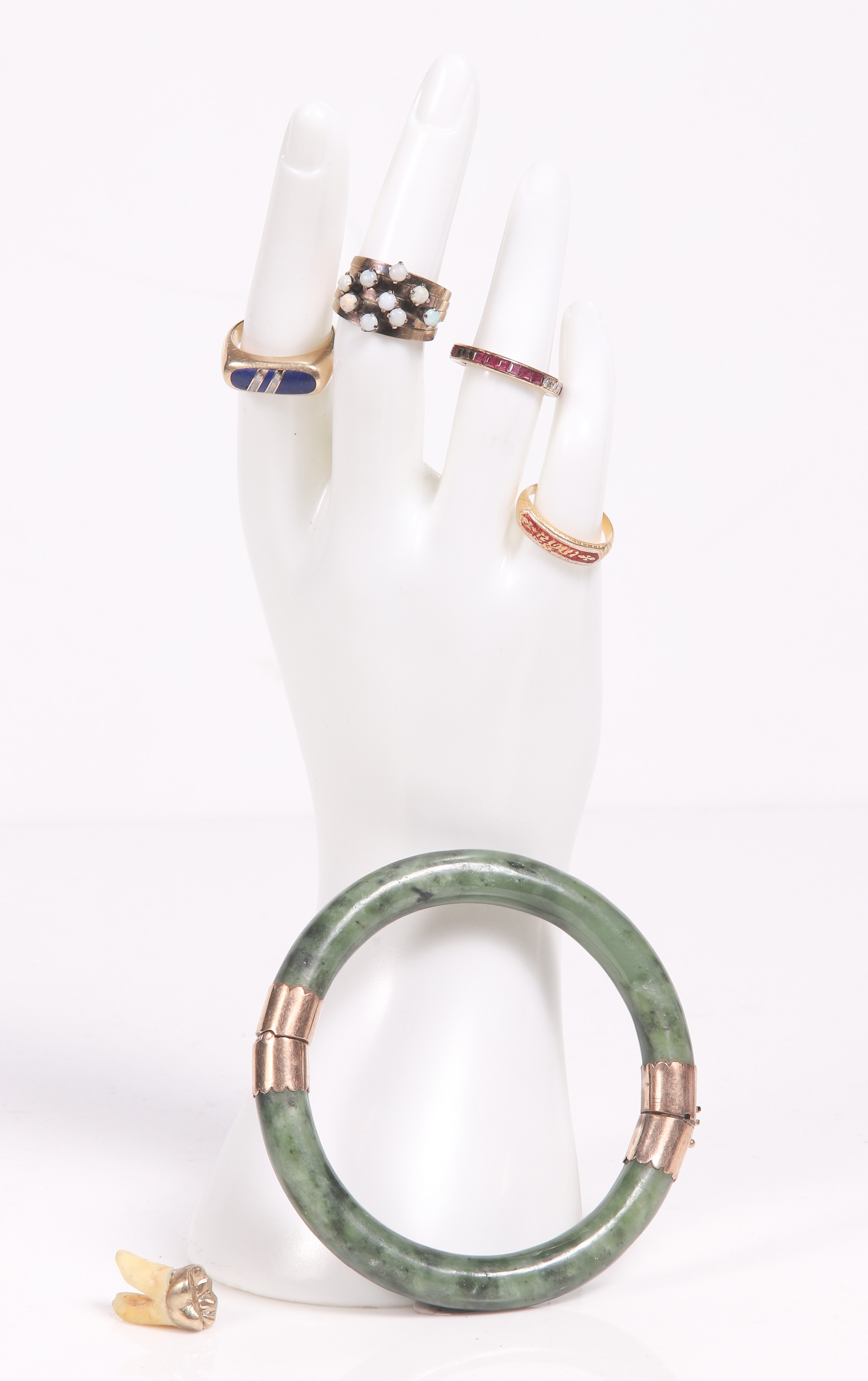 Gold rings, hardstone bangle and