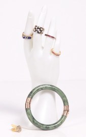 Gold rings, hardstone bangle a