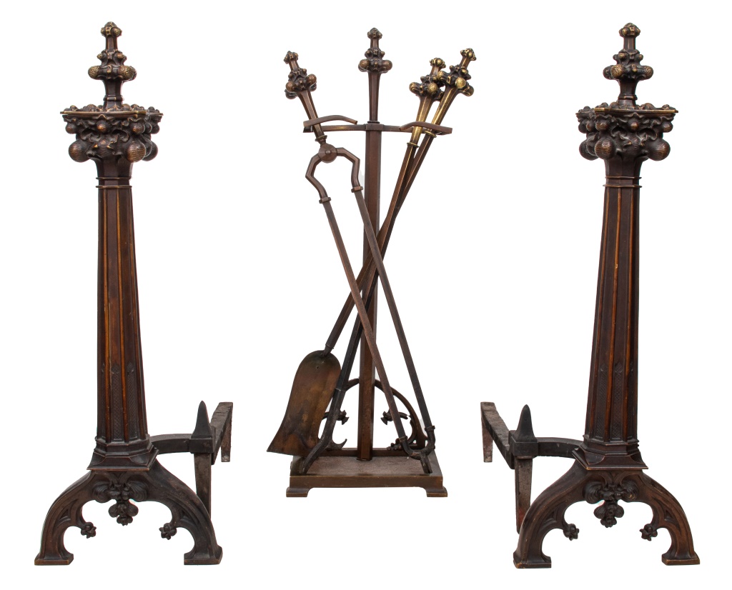 GOTHIC REVIVAL BRONZE ANDIRONS &