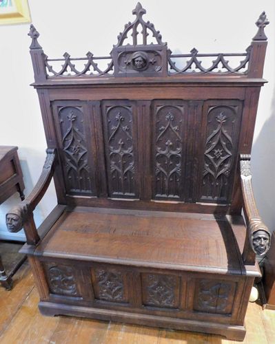 GOTHIC VICTORIAN OAK BENCH19th