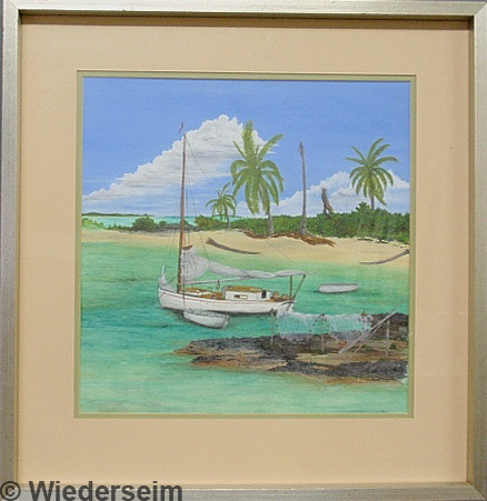 Gouache painting of a tropical cove