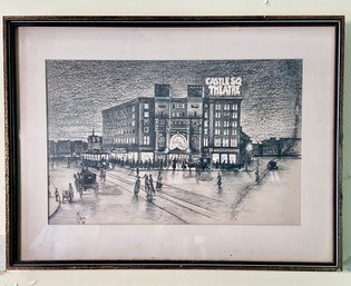 Graphite drawing of city scene,