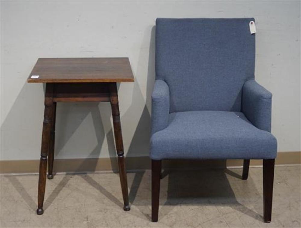 GRAY UPHOLSTERED CHAIR AND A