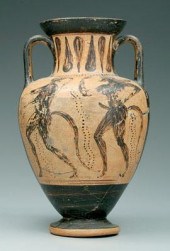 Greek amphora, satyrs chasing