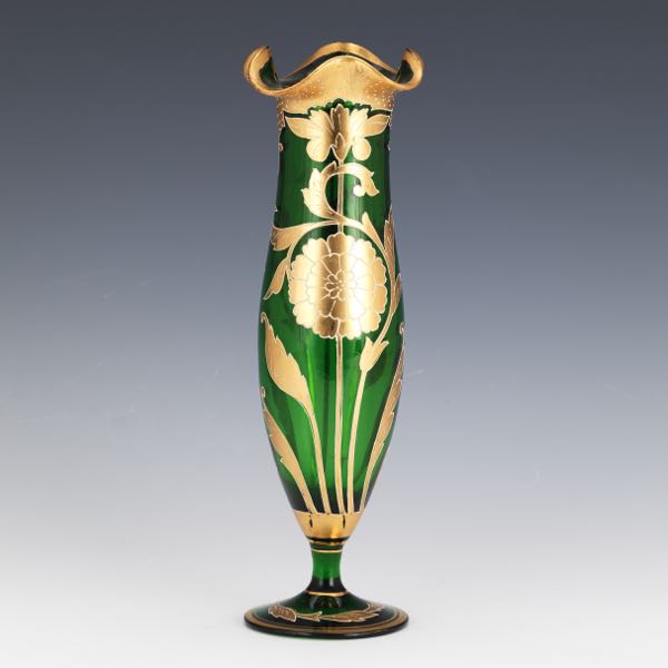 GREEN AND GILT GLASS VASE 11 ¼" x