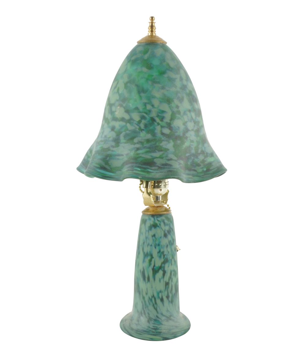 GREEN ART GLASS TABLE LAMPsigned to