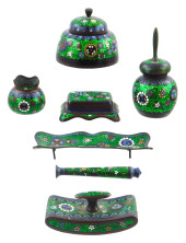 GREEN CLOISONNE DESK SET, LATE