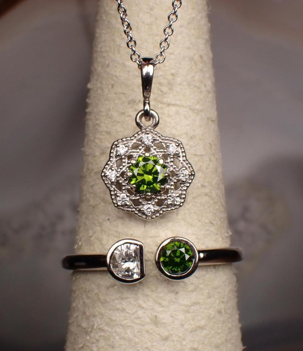 GREEN DIAMOND RING AND PENDANT