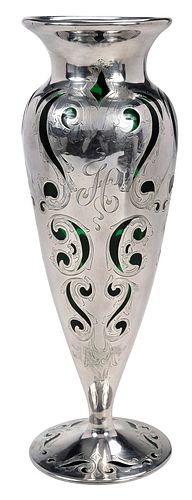 GREEN GLASS AND STERLING OVERLAY