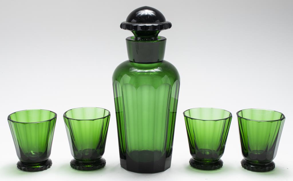GREEN GLASS DECANTER & CORDIAL SET,