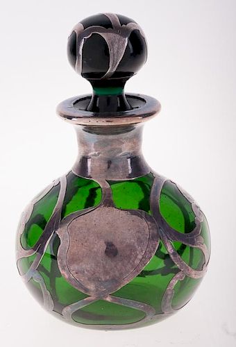 GREEN GLASS PERFUME BOTTLE WITH