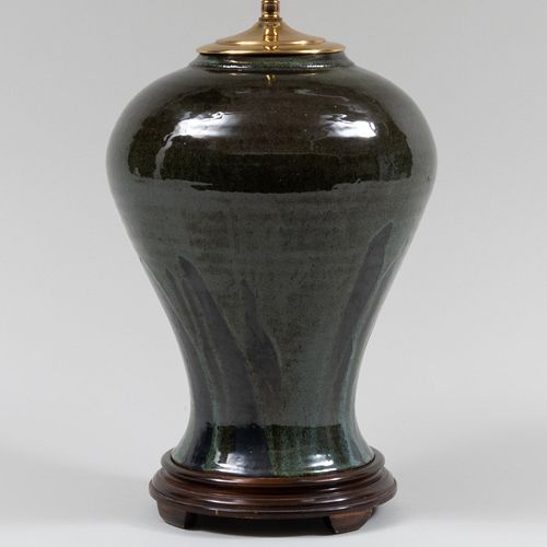 GREEN GLAZED POTTERY LAMP22 x 9 in.