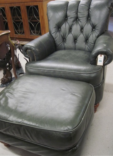 GREEN LEATHER EASY CHAIR AND