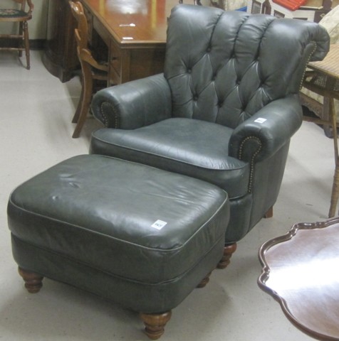 GREEN LEATHER EASY CHAIR AND