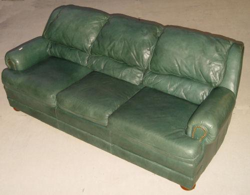GREEN LEATHER SOFA: 82'' long.