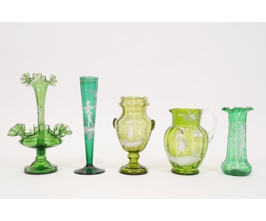 Green Mary Gregory epergne, 11.75"h