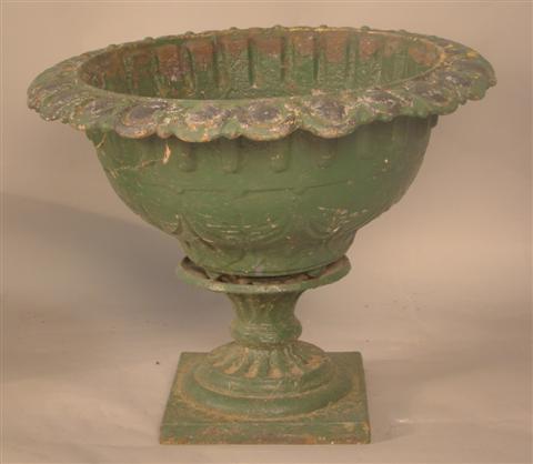 GREEN-PAINTED CAST IRON URN cast as