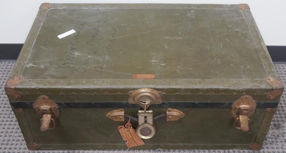 GREEN PAINTED METAL FOOTLOCKER WITH