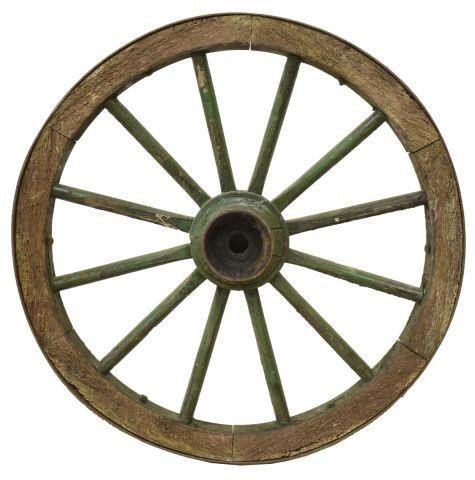GREEN PAINTED SPOKED WAGON WHEEL,