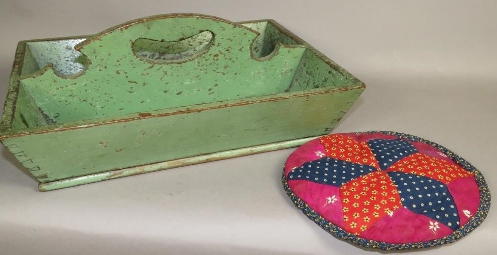 GREEN PAINTED WALNUT UTENSIL TRAY &