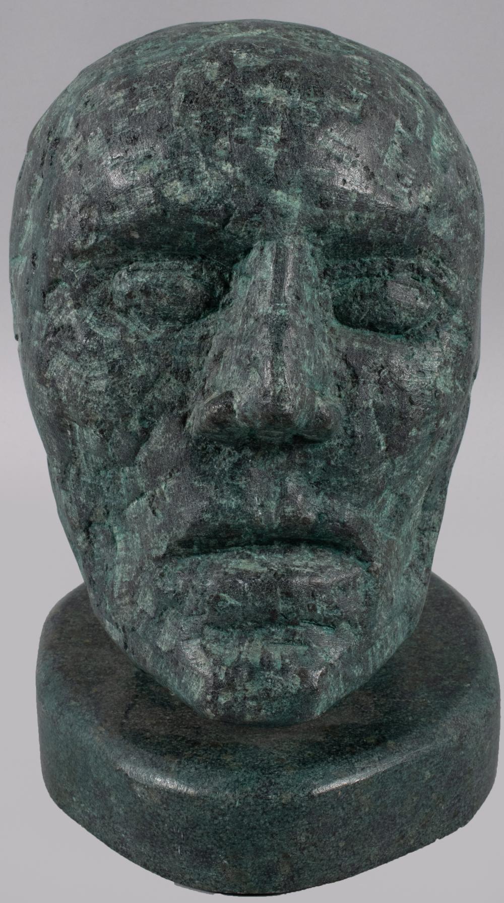 GREEN PATINATED STONE HEAD 9 1/2