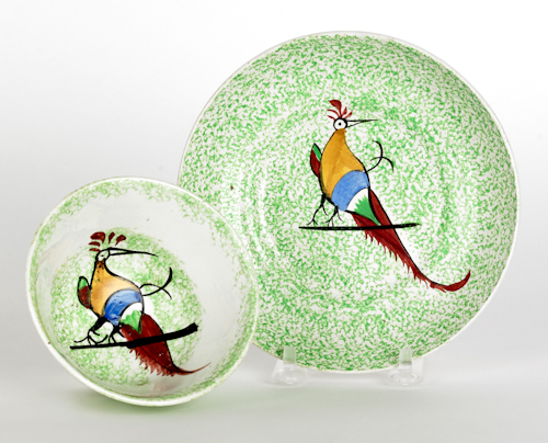 Green spatter cup and saucer 19th