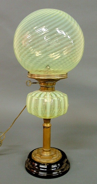 Green swirl Vaseline glass oil lamp