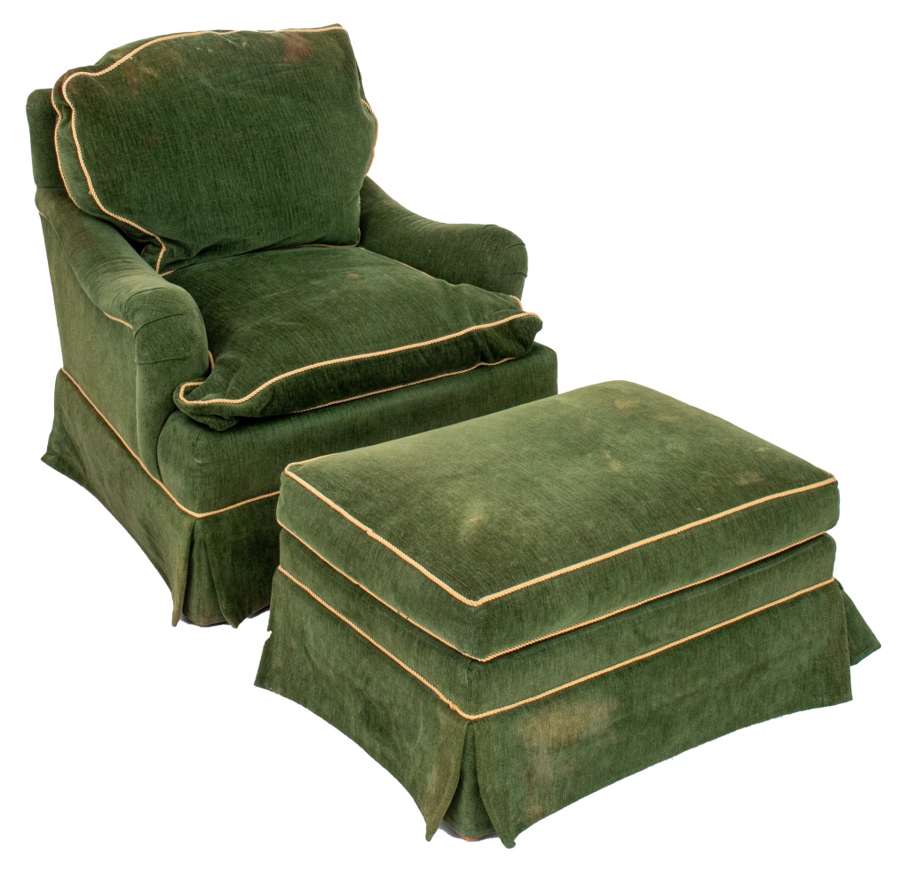 GREEN UPHOLSTERED CLUB CHAIR AND