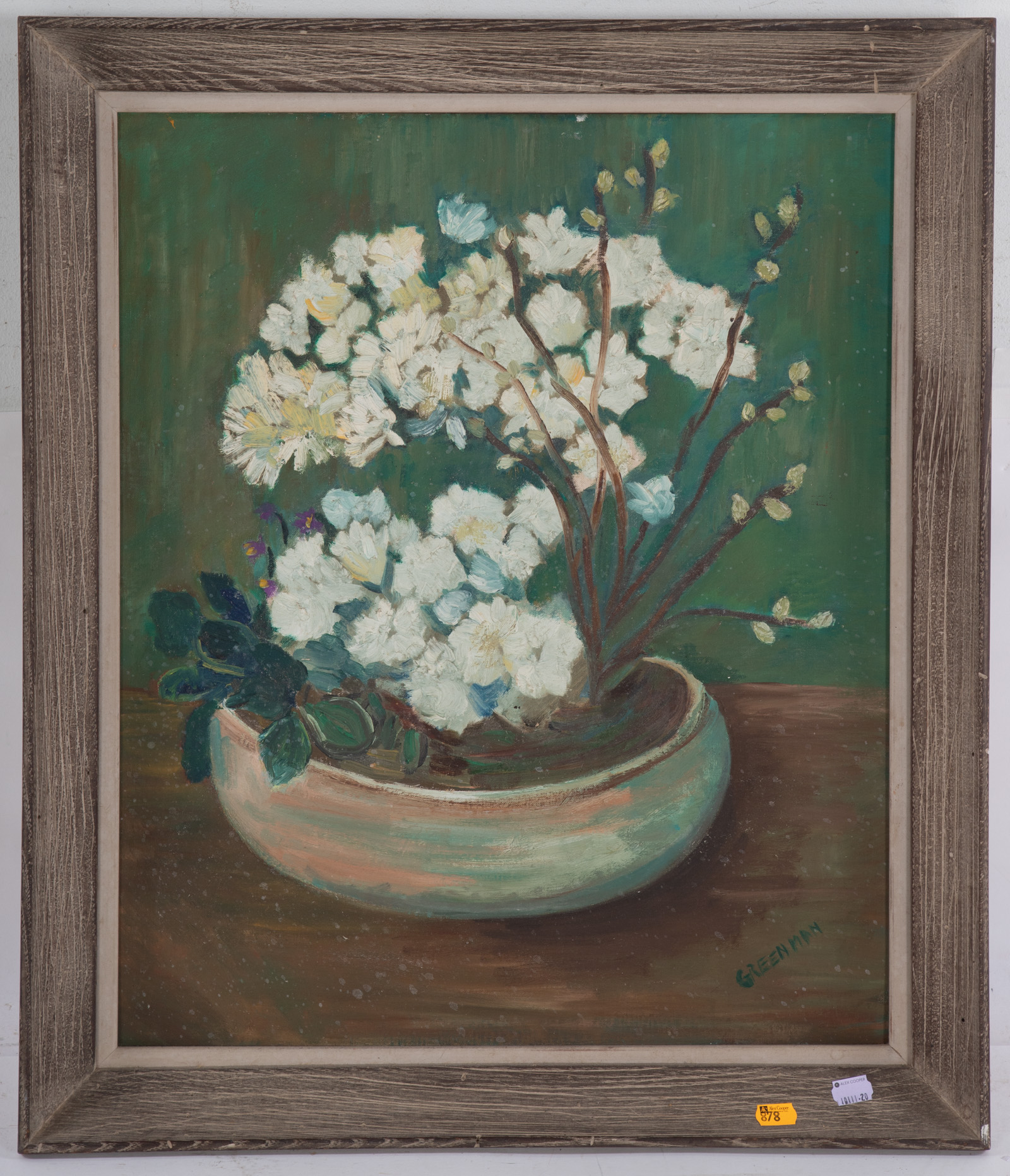 GREENMAN. WHITE FLOWERS, OIL ON