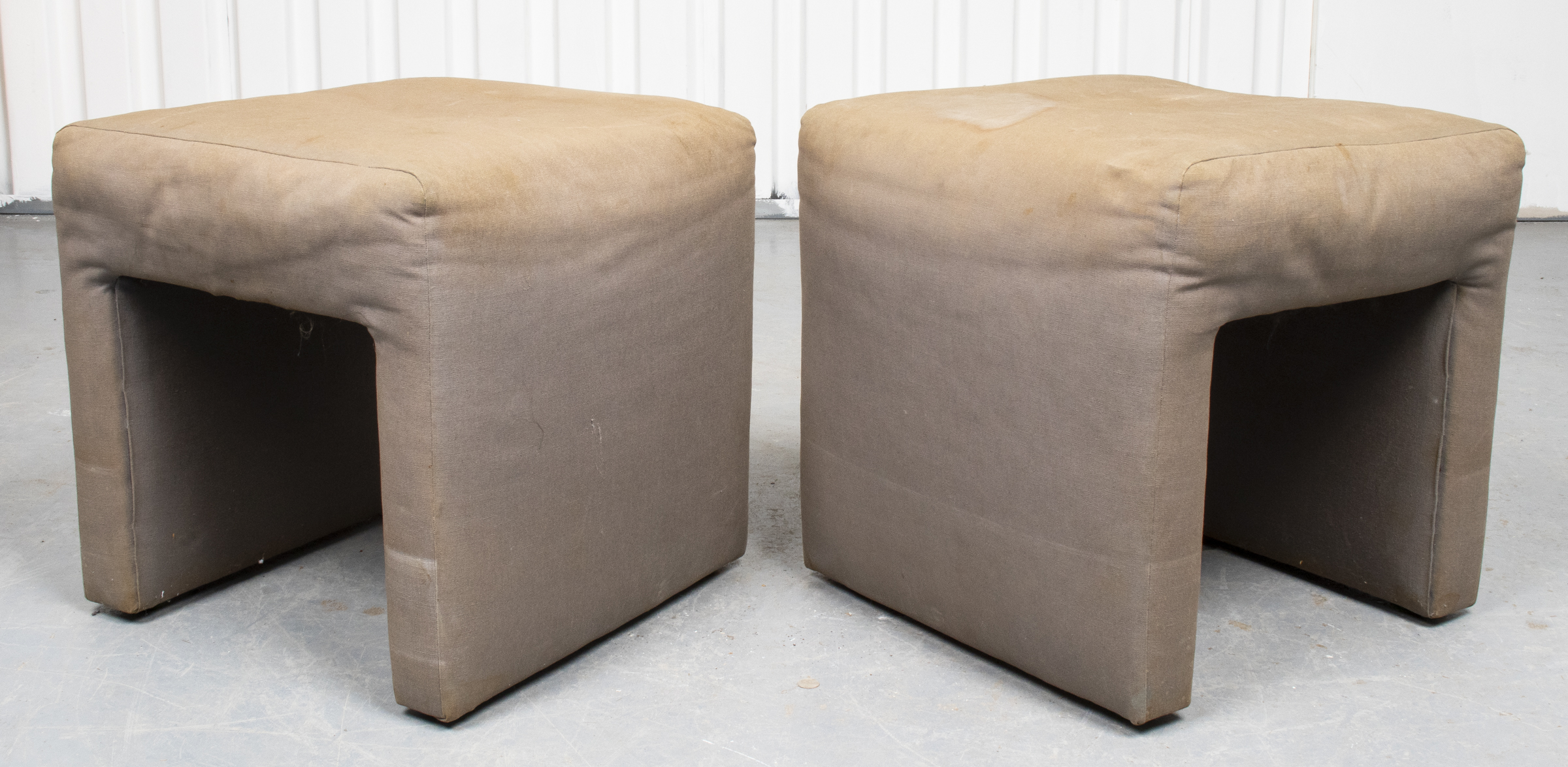 GREY UPHOLSTERED STOOLS, PAIR