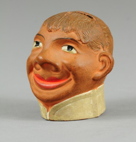 GRINNING MAN STILL BANK Redware