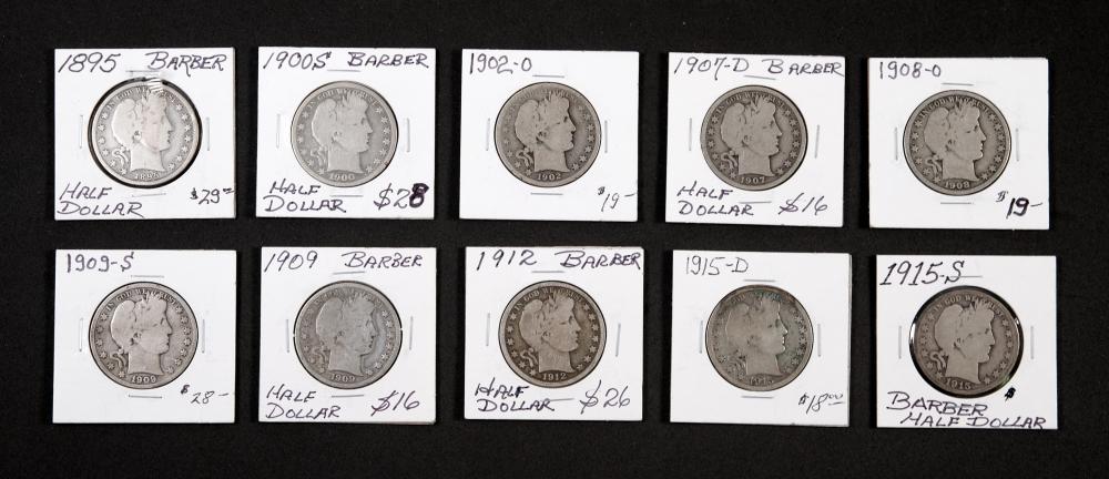 GROUP, 10 BARBER HALF DOLLAR